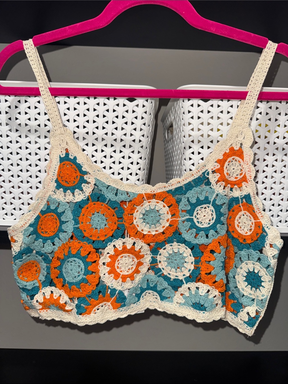 Crochet Circle-Print Crop Top in Teal, Orange & Cream